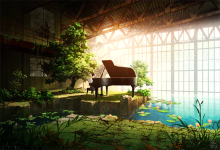 Anime-style HD desktop wallpaper featuring a serene room with a grand piano, greenery, and water. Sunlight streams through large windows, creating a tranquil and magical atmosphere.