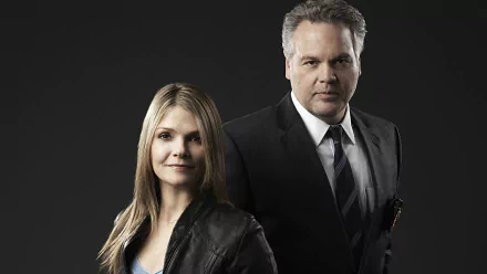 HD PC desktop wallpaper for TV show Law & Order: Criminal Intent — two detectives, a man in a suit and a woman in a leather jacket, posed against a dark background.