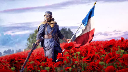 A Battlefield 1 soldier wearing a gas mask stands in a vivid red poppy field, holding a French flag against a dramatic sky in this HD PC desktop wallpaper.