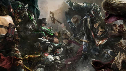 HD desktop wallpaper featuring characters from DC Comics including Jaime Reyes, Blue Beetle, Barry Allen, Damian Wayne, Cyborg, Robin, Catwoman, Superman, Batman, and Flash in an intense battle from Injustice 2.