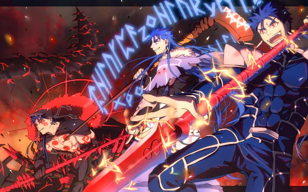 HD desktop wallpaper featuring characters from the anime Fate/Grand Order, with vivid colors and dynamic action poses surrounded by magical runes and fiery effects in the background.