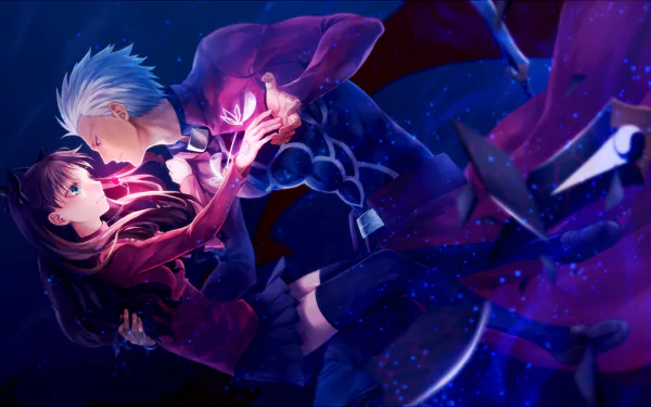 HD desktop wallpaper and background from the anime Fate/Stay Night: Unlimited Blade Works featuring two characters in an intense, dramatic pose against a starry backdrop.