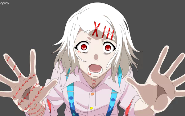 HD desktop wallpaper featuring Juuzou Suzuya from Tokyo Ghoul, showcasing his white hair, red eyes, and striking appearance in an anime style.