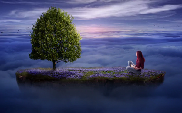 A surreal HD wallpaper features a lone tree and a person sitting on a floating patch of grass under a sky filled with clouds, showcasing a beautiful horizon and creative photo manipulation.