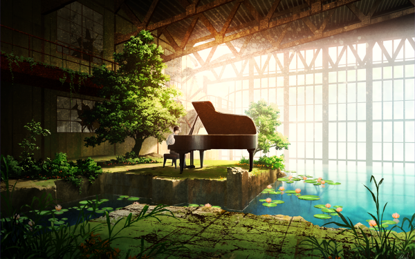 Anime Original Piano Room Water Tree HD Wallpaper | Background Image