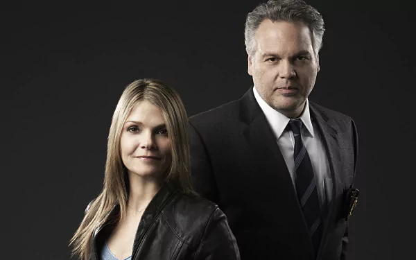 HD PC desktop wallpaper for TV show Law & Order: Criminal Intent — two detectives, a man in a suit and a woman in a leather jacket, posed against a dark background.