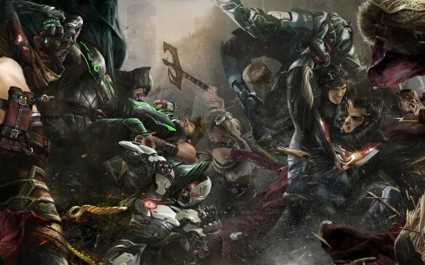 HD desktop wallpaper featuring characters from DC Comics including Jaime Reyes, Blue Beetle, Barry Allen, Damian Wayne, Cyborg, Robin, Catwoman, Superman, Batman, and Flash in an intense battle from Injustice 2.