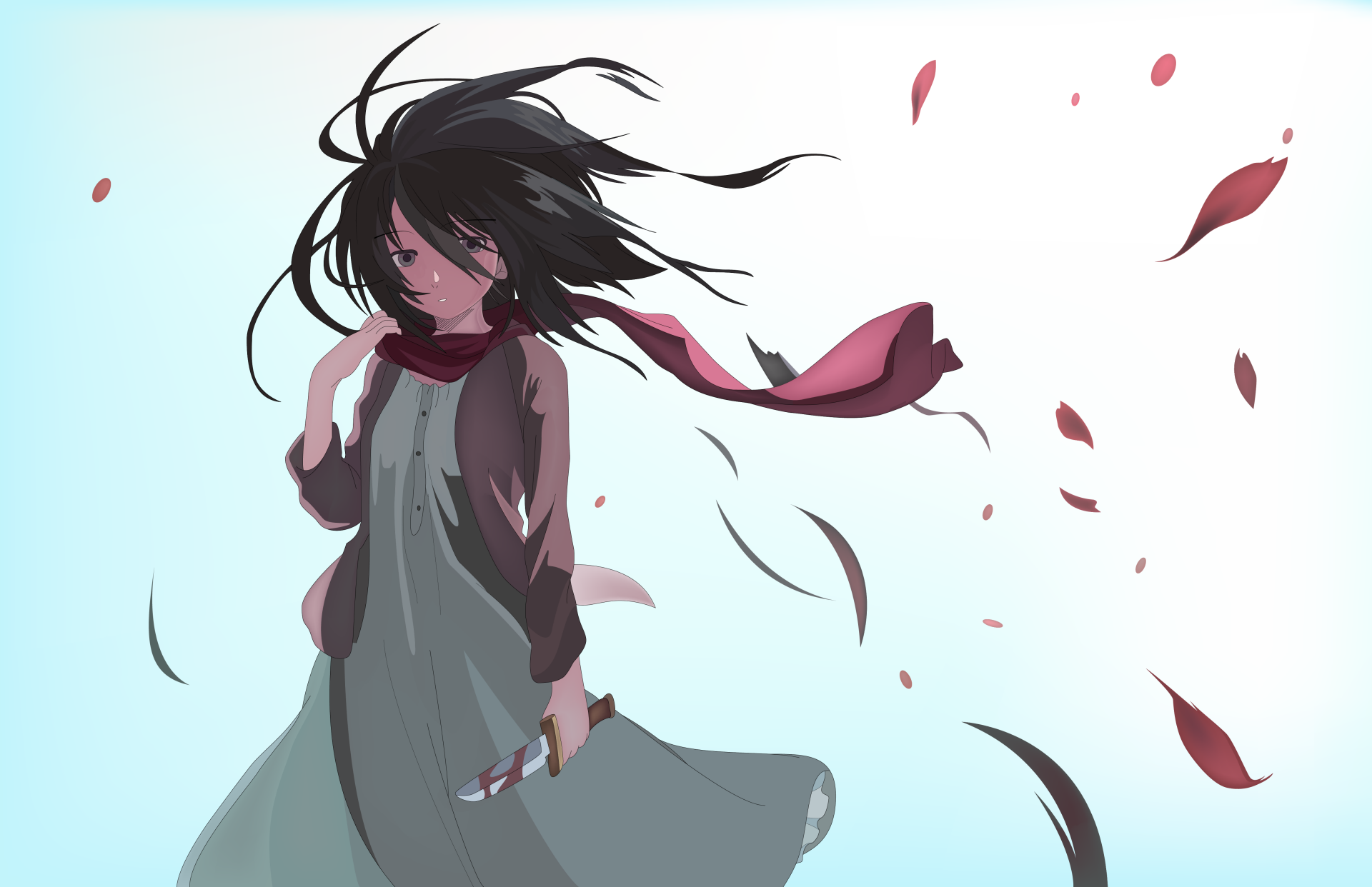 4K Ultra HD anime wallpaper featuring Mikasa Ackerman from Attack on Titan, with her hair and scarf flowing against a light background and scattered red petals.