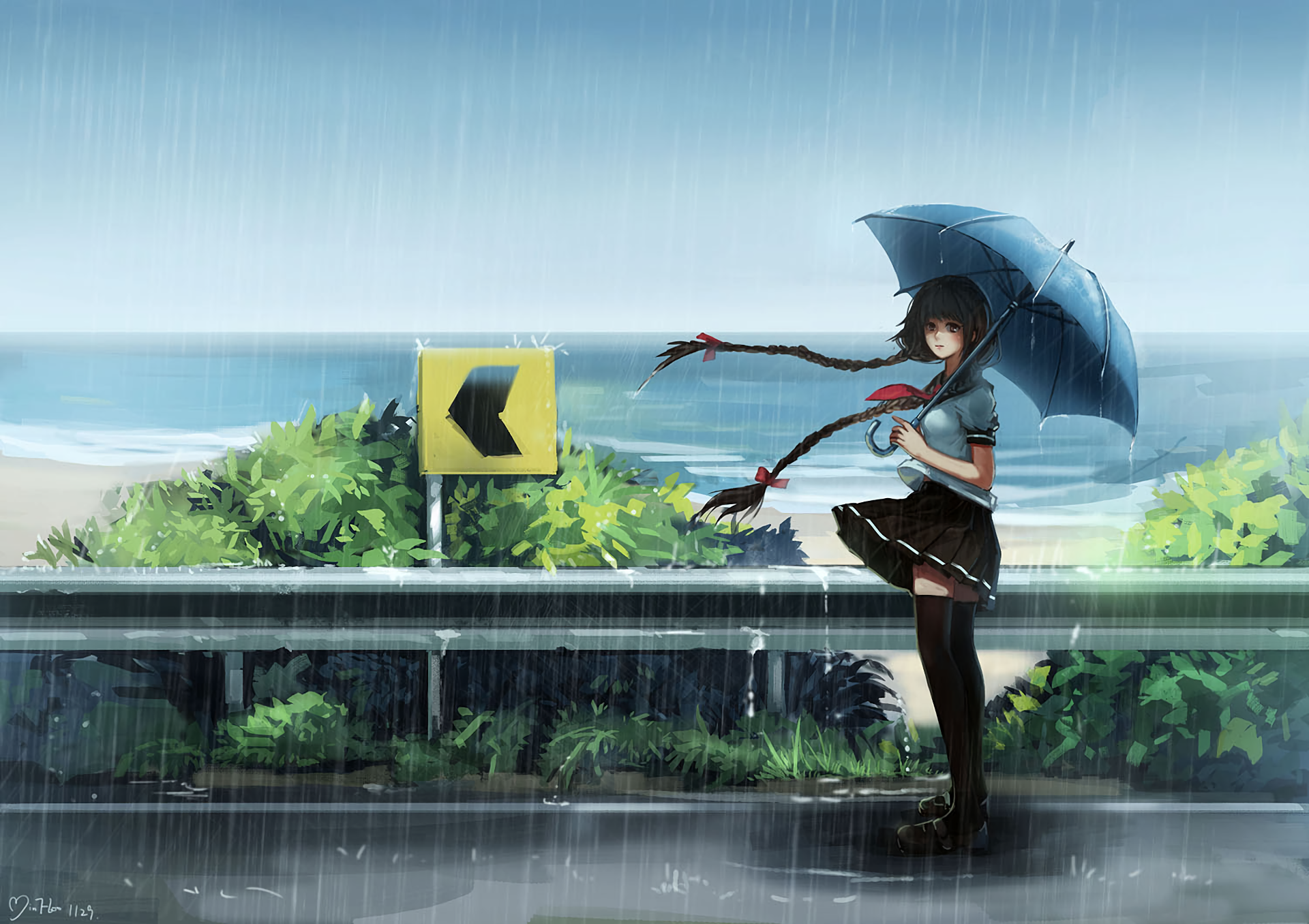 Anime-style HD PC desktop wallpaper of a girl in a school uniform holding an umbrella by a rainy roadside with greenery and ocean in the background.