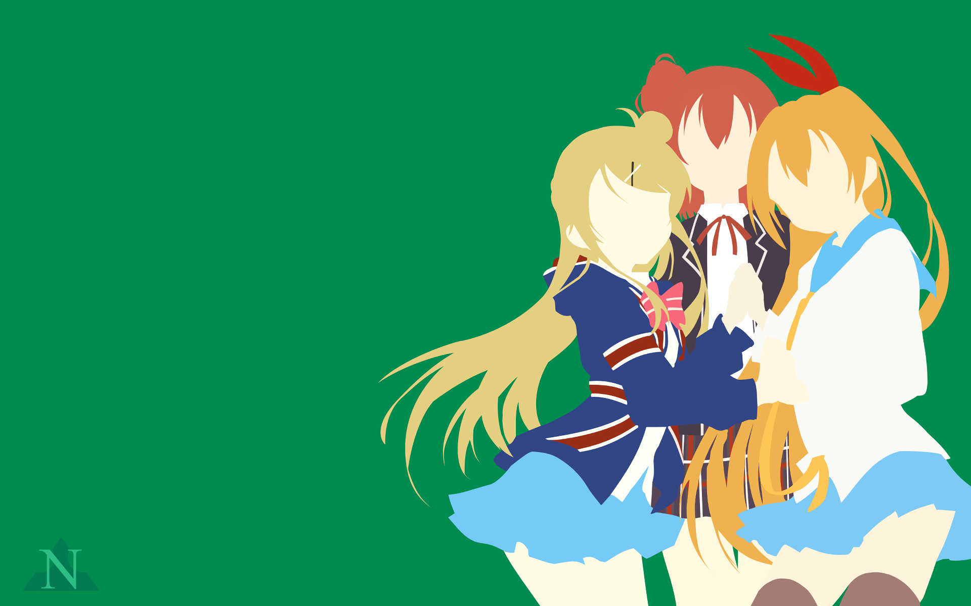 Minimalist HD anime desktop wallpaper featuring crossover characters Karen Kujou from Kin-iro Mosaic, Yui Yuigahama from My Teen Romantic Comedy SNAFU, and Chitoge Kirisaki from Nisekoi.