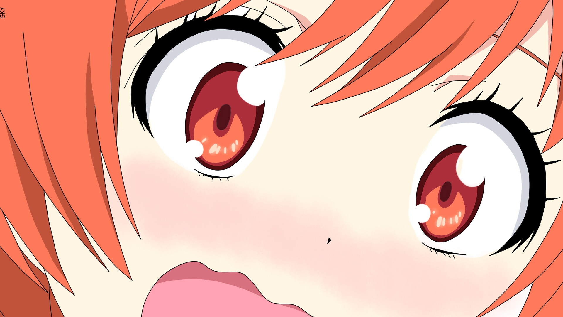 HD PC desktop wallpaper close-up of Marika Tachibana from Nisekoi: red hair, large red eyes, blushing cheeks and a surprised, cheerful expression.