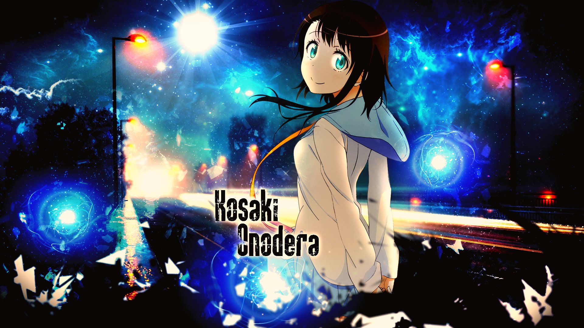 HD desktop wallpaper featuring Kosaki Onodera from the anime Nisekoi, set against a vibrant, glowing night sky with bright, colorful lights and cosmic effects.