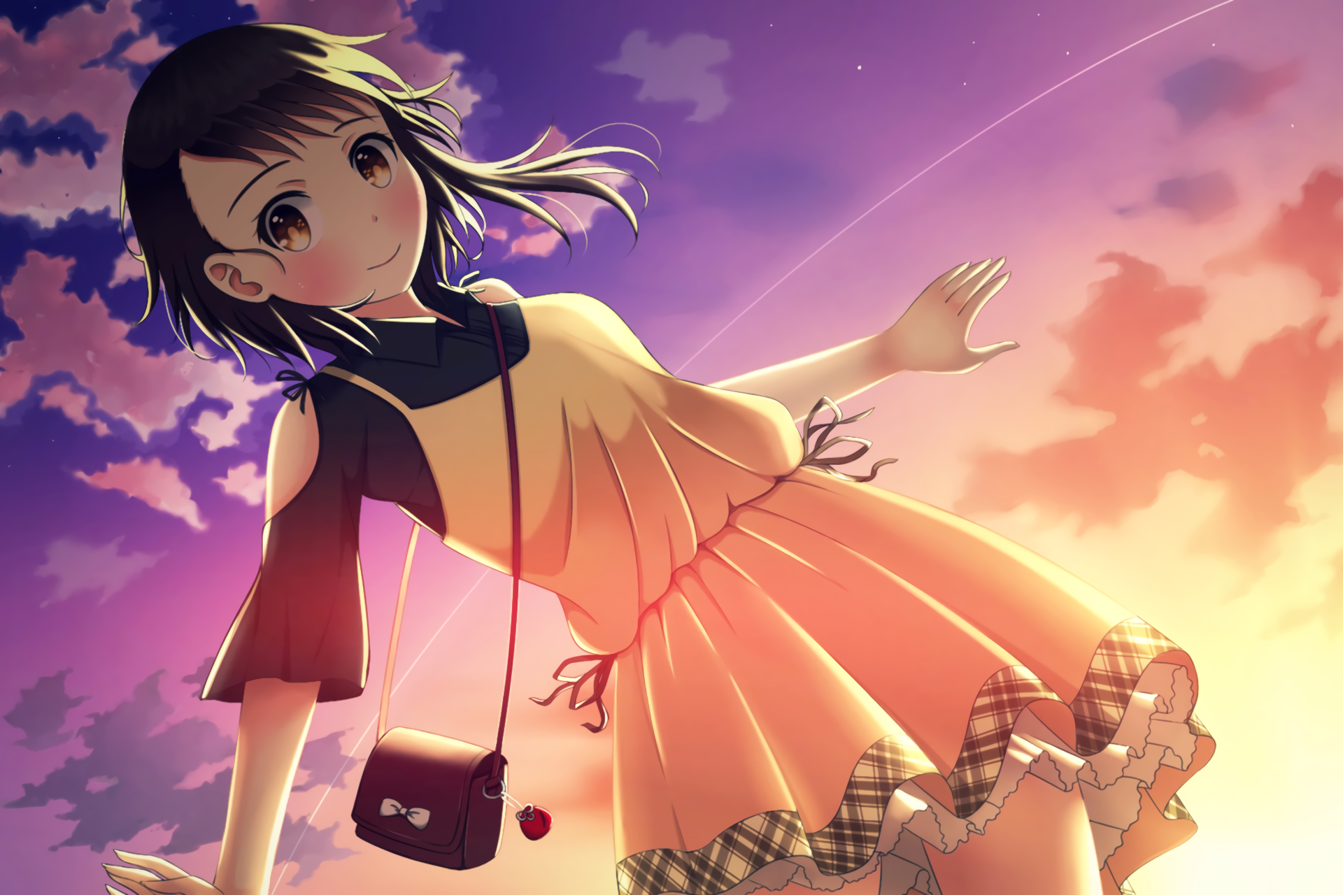 HD anime wallpaper featuring Kosaki Onodera from Nisekoi, captured in a vibrant sunset scene with flowing hair and a gentle, warm atmosphere.
