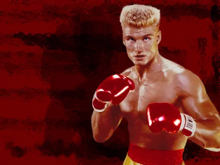 HD wallpaper of Rocky IV featuring a boxer with red gloves in a dramatic pose against a dark red background.