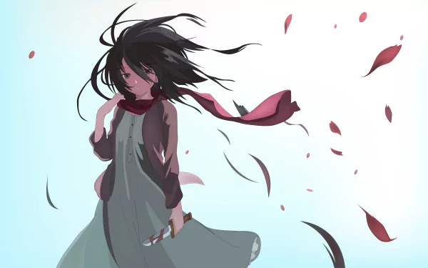 4K Ultra HD anime wallpaper featuring Mikasa Ackerman from Attack on Titan, with her hair and scarf flowing against a light background and scattered red petals.