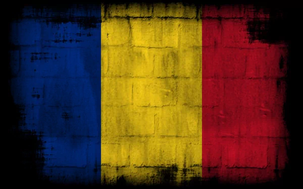 Misc: grungy Romanian flag painted on a brick wall — vertical blue-yellow-red tricolor, stylized 2K Quad HD PC desktop wallpaper and background.