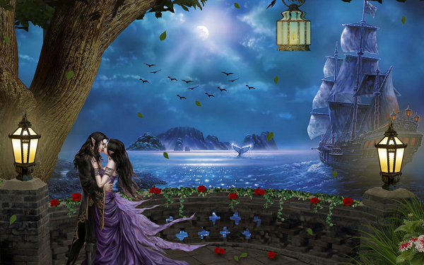 Fantasy Elf Couple Dancing Tree Ocean Sailboat Lantern Night Flower HD Wallpaper | Background Image