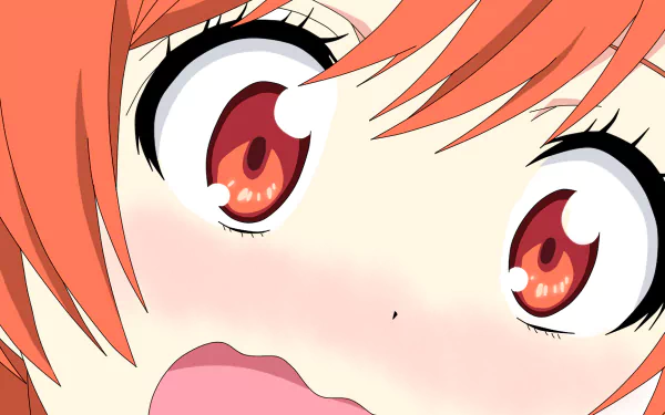 HD PC desktop wallpaper close-up of Marika Tachibana from Nisekoi: red hair, large red eyes, blushing cheeks and a surprised, cheerful expression.