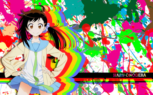 HD PC desktop wallpaper/background of anime character Haru Onodera (Nisekoi) in a school uniform against a vivid rainbow paint-splatter backdrop, her name on a black bar.