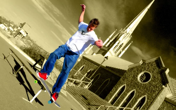 A skateboarder performs a trick on a rail in front of a dramatic church backdrop, capturing the essence of skateboarding as an exciting sport in this HD desktop wallpaper.
