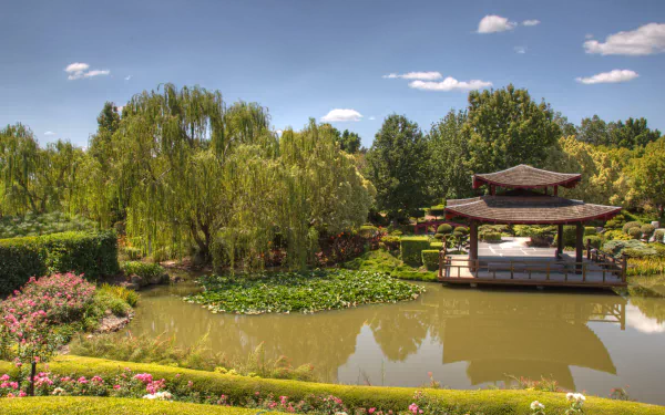pond tree pagoda park man made japanese garden HD Desktop Wallpaper | Background Image