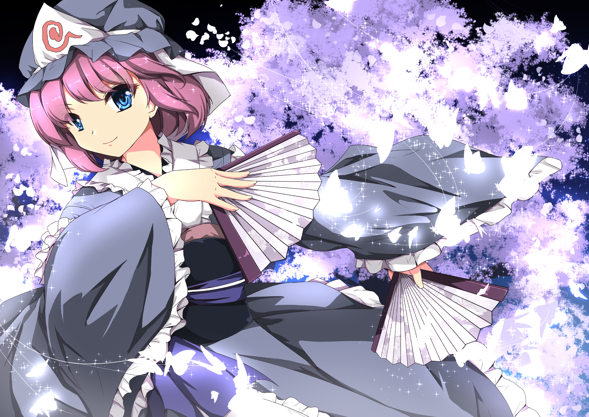 HD PC desktop wallpaper of Yuyuko Saigyouji (Touhou) anime: pink-haired ghostly maiden holding folding fans amid purple cherry blossoms on a soft, dreamy background.