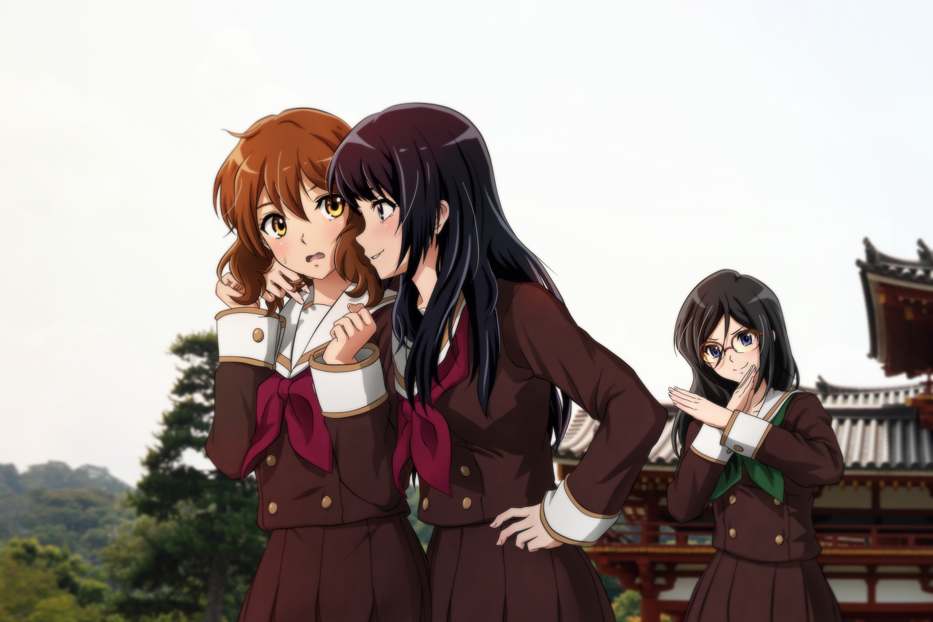 HD anime wallpaper featuring Asuka Tanaka, Kumiko Oumae, and Reina Kousaka from Sound! Euphonium in school uniforms with distinct hairstyles and brown eyes.