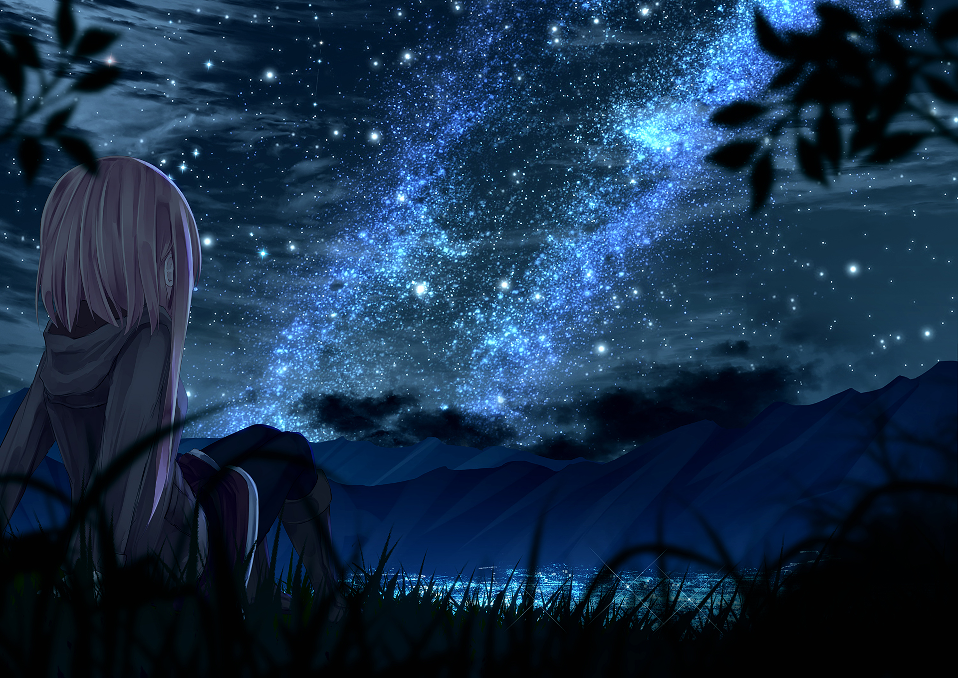 A serene night-time anime scene featuring a character gazing at a star-filled sky, with mountains in the background. This HD desktop wallpaper and background exudes calm and wonder.