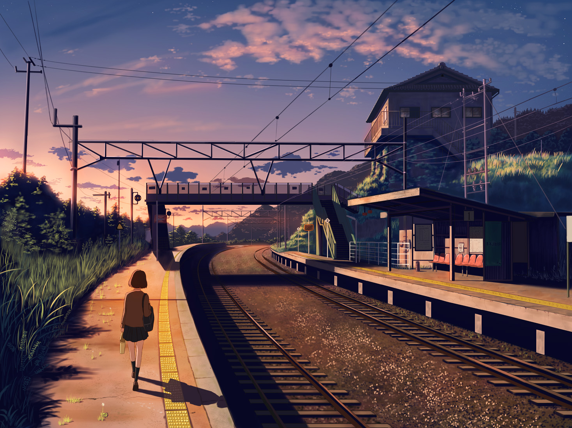 A vibrant HD anime wallpaper depicting a serene train station at sunset, with a lone figure walking along the platform.