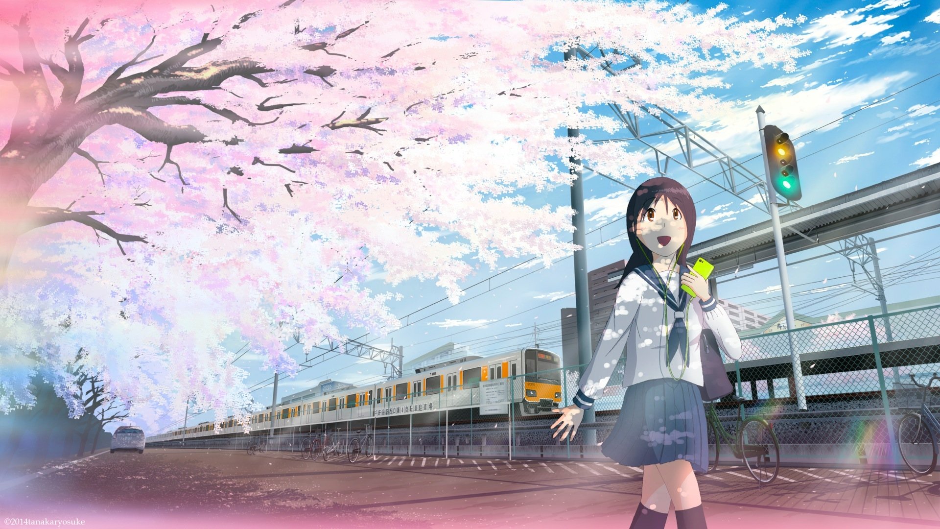 Anime-style HD desktop wallpaper featuring a train passing beneath blooming cherry blossoms with a schoolgirl standing by the platform, capturing an original anime train scene.