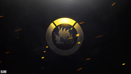 HD PC desktop wallpaper featuring Junkrat's stylized emblem from the video game Overwatch, set against a dark background with glowing sparks.