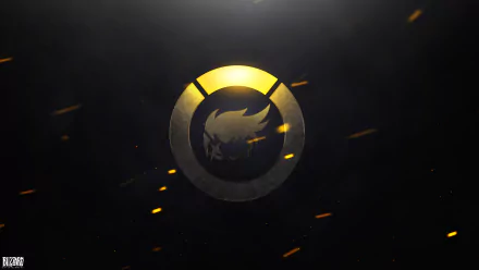 HD PC wallpaper featuring a dark Overwatch background, glowing circular emblem with a stylized wolf and golden sparks, themed on Zarya from the Overwatch video game.