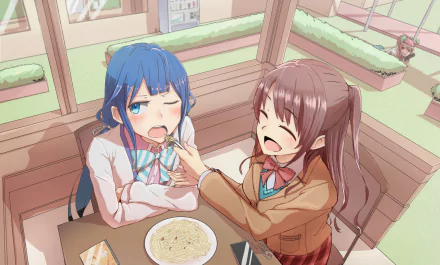 HD anime crossover desktop wallpaper (Sabagebu!, Masamune-kun no Revenge, The iDOLM@STER): Uzuki Shimamura, Aki Adagaki and Momoka Sonokawa share a playful cafe moment, brown-haired girl feeding her blue-haired friend.