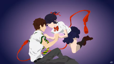 Minimalist HD desktop wallpaper featuring Mitsuha Miyamizu and Taki Tachibana from the anime Your Name. in an intimate, floating pose against a purple background.