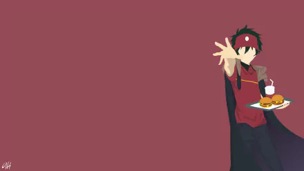 Minimalist HD desktop wallpaper featuring Sadao Maou from Hataraku Maou-sama! (The Devil Is a Part-Timer!), holding a tray with burgers and a drink against a deep maroon background.