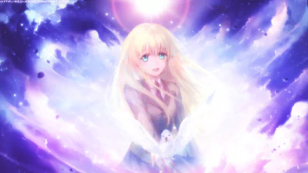 HD anime wallpaper featuring Asseylum Vers Allusia from Aldnoah.Zero, glowing with ethereal light and surrounded by luminous, celestial energy.