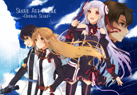 Anime HD PC desktop wallpaper featuring characters from Sword Art Online Movie: Ordinal Scale against a starry night sky background.