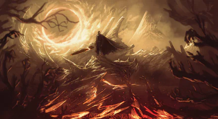 HD desktop wallpaper featuring an intense anime scene from Berserk, depicting a dark figure wielding a large sword against a fiery, apocalyptic background with a glowing, ominous sun.