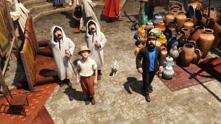HD PC desktop wallpaper from the movie The Adventures of Tintin showing Tintin, Captain Haddock, and others in a vibrant, pottery-filled marketplace scene.