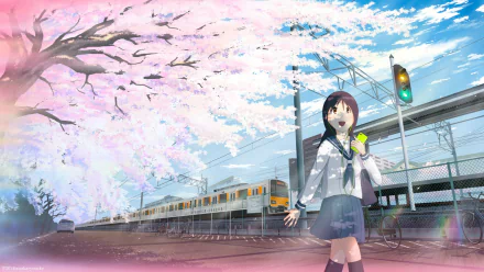 Anime-style HD desktop wallpaper featuring a train passing beneath blooming cherry blossoms with a schoolgirl standing by the platform, capturing an original anime train scene.