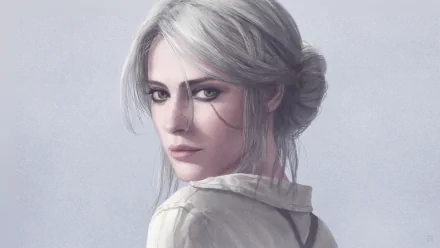 HD desktop wallpaper of Ciri from The Witcher 3: Wild Hunt, featuring her white hair, green eyes, and a distinctive scar on her face, with a serene background.