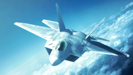 A high-definition desktop wallpaper featuring a sleek fighter jet soaring above clouds, inspired by the video game Ace Combat.