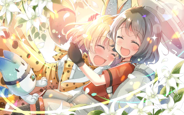HD anime desktop wallpaper featuring Kaban and Serval from Kemono Friends sharing a joyful moment surrounded by soft sunlight and foliage.