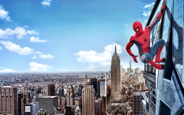 Spider-Man clings to a building in New York City with the Empire State Building in the background. This HD desktop wallpaper is inspired by Spider-Man: Homecoming featuring Tom Holland.