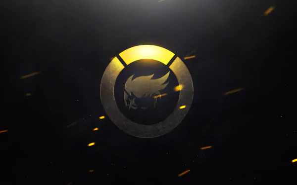HD PC wallpaper featuring a dark Overwatch background, glowing circular emblem with a stylized wolf and golden sparks, themed on Zarya from the Overwatch video game.