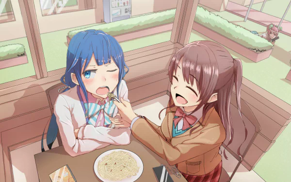 HD anime crossover desktop wallpaper (Sabagebu!, Masamune-kun no Revenge, The iDOLM@STER): Uzuki Shimamura, Aki Adagaki and Momoka Sonokawa share a playful cafe moment, brown-haired girl feeding her blue-haired friend.
