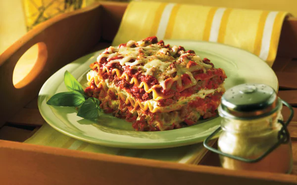 HD desktop wallpaper featuring a close-up of a delicious, layered lasagna meal served on a white plate with a garnish and a small jar of grated cheese nearby.