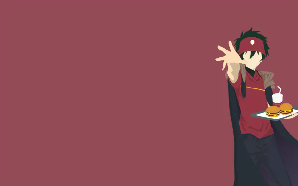 Minimalist HD desktop wallpaper featuring Sadao Maou from Hataraku Maou-sama! (The Devil Is a Part-Timer!), holding a tray with burgers and a drink against a deep maroon background.