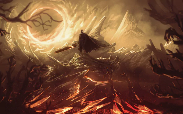 HD desktop wallpaper featuring an intense anime scene from Berserk, depicting a dark figure wielding a large sword against a fiery, apocalyptic background with a glowing, ominous sun.