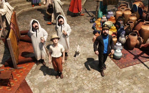 HD PC desktop wallpaper from the movie The Adventures of Tintin showing Tintin, Captain Haddock, and others in a vibrant, pottery-filled marketplace scene.